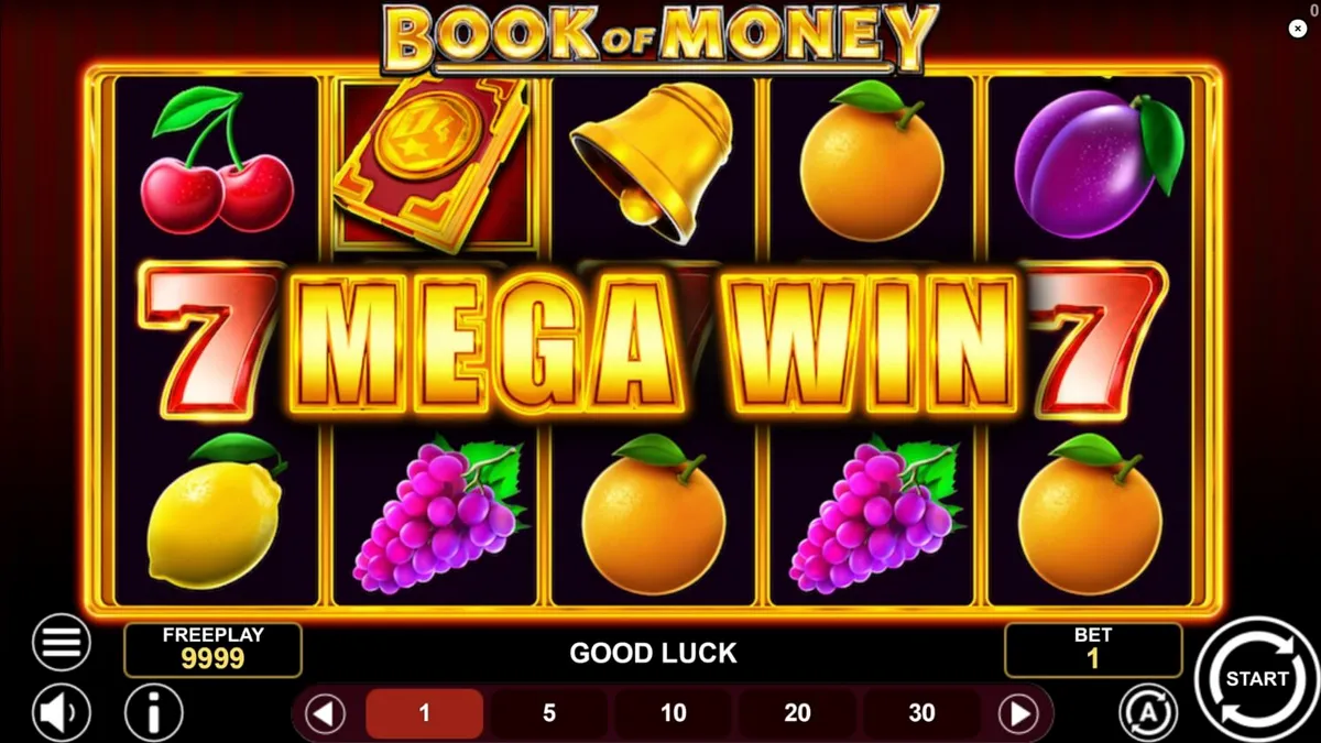 Interface do jogo Book of Money com símbolos clássicos e elementos místicos